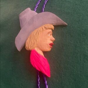 Ellis Johnson hand carved wooden Cowgirl Bolo Tie -Rare!!